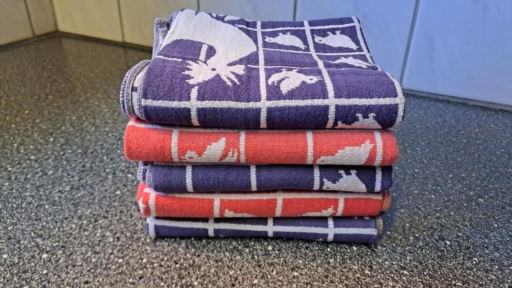 Vintage theedoeken met kip motief - set van 5, Gebruikt, Overige kleuren, Unknown, Unknown