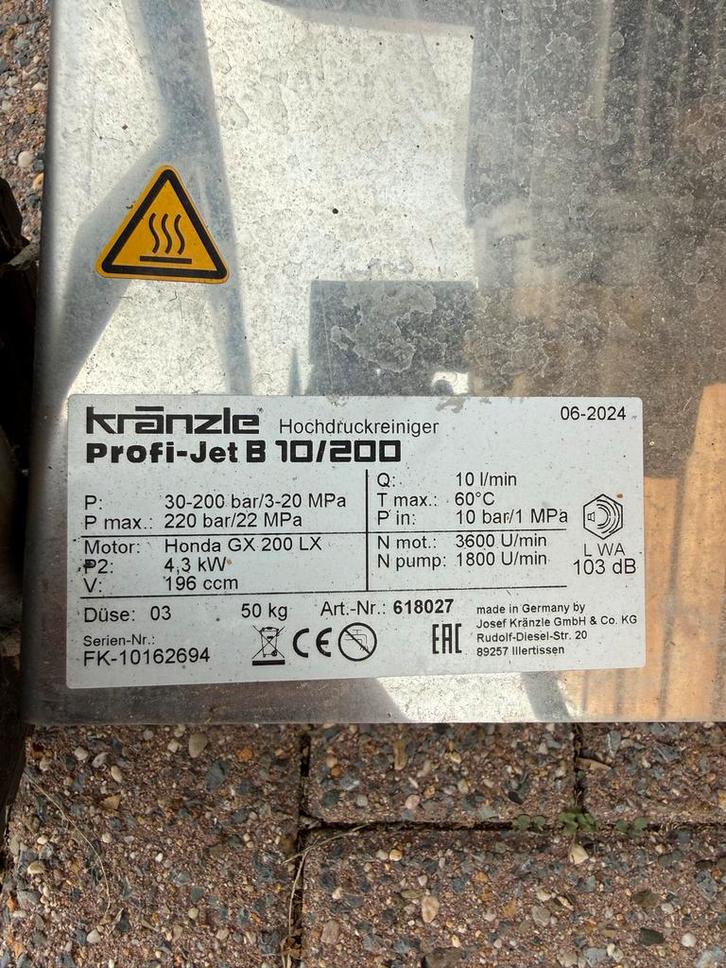 Kranzle Profi-Jet B 10/200 Hogedrukreiniger, Doe-het-zelf en Verbouw, Reinigingsmachines, Zo goed als nieuw, Overige typen, Ophalen