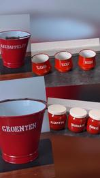 Rood Emaille Emmers+Zand Zeep Soda + Koffie Suiker Thee, Antiek en Kunst, Antiek | Emaille, Ophalen