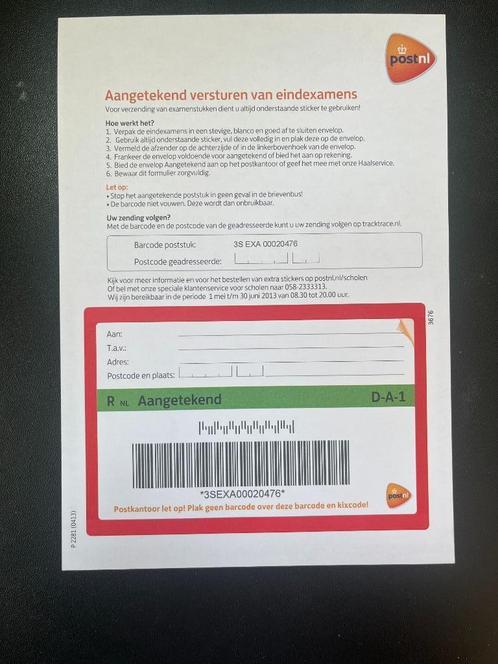 Examenzegel formulier 2013, versie 1 met enkele rode rand, Postzegels en Munten, Postzegels | Nederland, Postfris, Na 1940, Verzenden