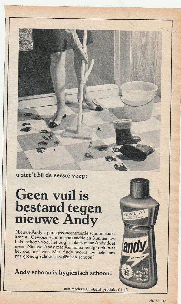 retro reclame 1966 Andy allesreiniger de eerste veeg, Verzamelen, Retro, Overige typen, Verzenden
