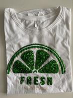 Fris wit t shirt met pailletten opdruk in het groen maat L, Ophalen of Verzenden, Zo goed als nieuw, Wit, Korte mouw