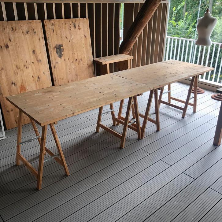 Atelier, tafels, schragen, tafelbladen, houten panelen, Huis en Inrichting, Tafelonderdelen, Gebruikt, Tafelblad, 100 tot 150 cm