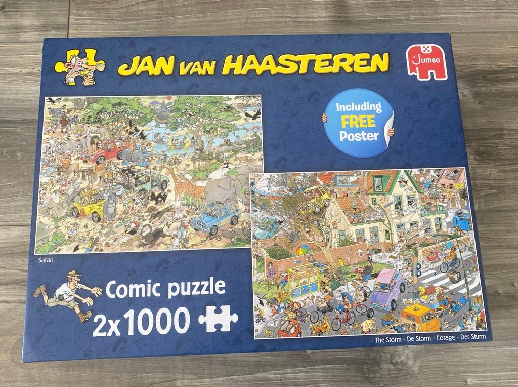Jan van Haasteren 2x1000 stukjes: Safari & De Storm, Ophalen of Verzenden, 500 t/m 1500 stukjes, Zo goed als nieuw, Legpuzzel