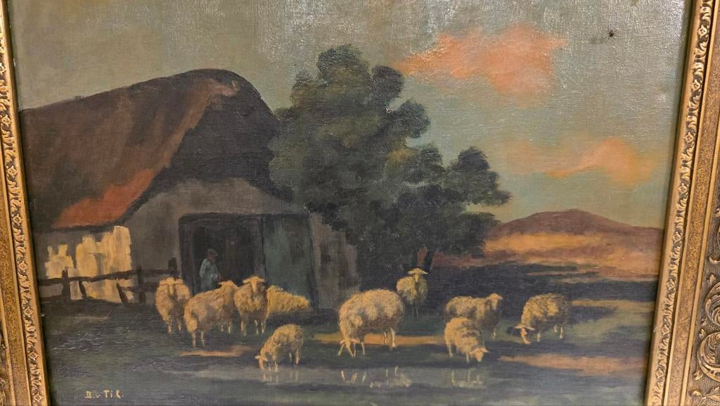 Antiek schilderij met schapen in originele lijst, Antiek en Kunst, Kunst | Schilderijen | Klassiek, Ophalen of Verzenden