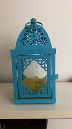 Blauwe metalen lantaarn met kaars, Gebruikt, Blauw, Ophalen of Verzenden, Metaal