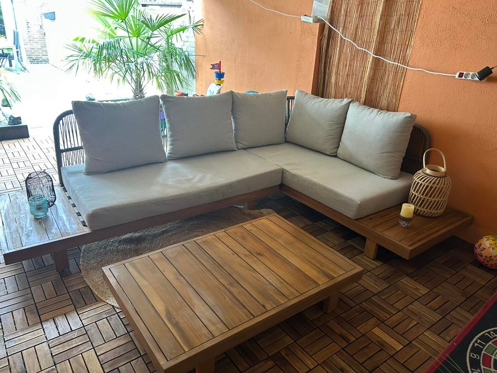 Mooie acacia hout loungeset te koop!, Ophalen, 5 zitplaatsen, Zo goed als nieuw, Loungeset