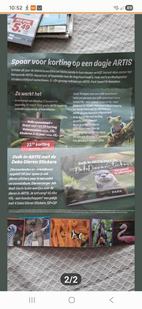 Artis korting kaart met 14 zegels, Tickets en Kaartjes, Eén persoon, Kortingsbon