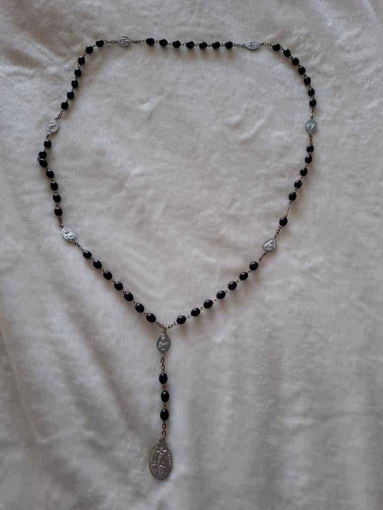 Vintage Rozenkrans Ketting Zwart met Medaillons, Sieraden, Tassen en Uiterlijk, Kettingen, Ophalen of Verzenden, Gebruikt, Overige materialen