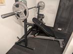 Fitness bank, bank/squat rek, 120kg schijven en standaard, Ophalen, Zo goed als nieuw, Fitnessbank