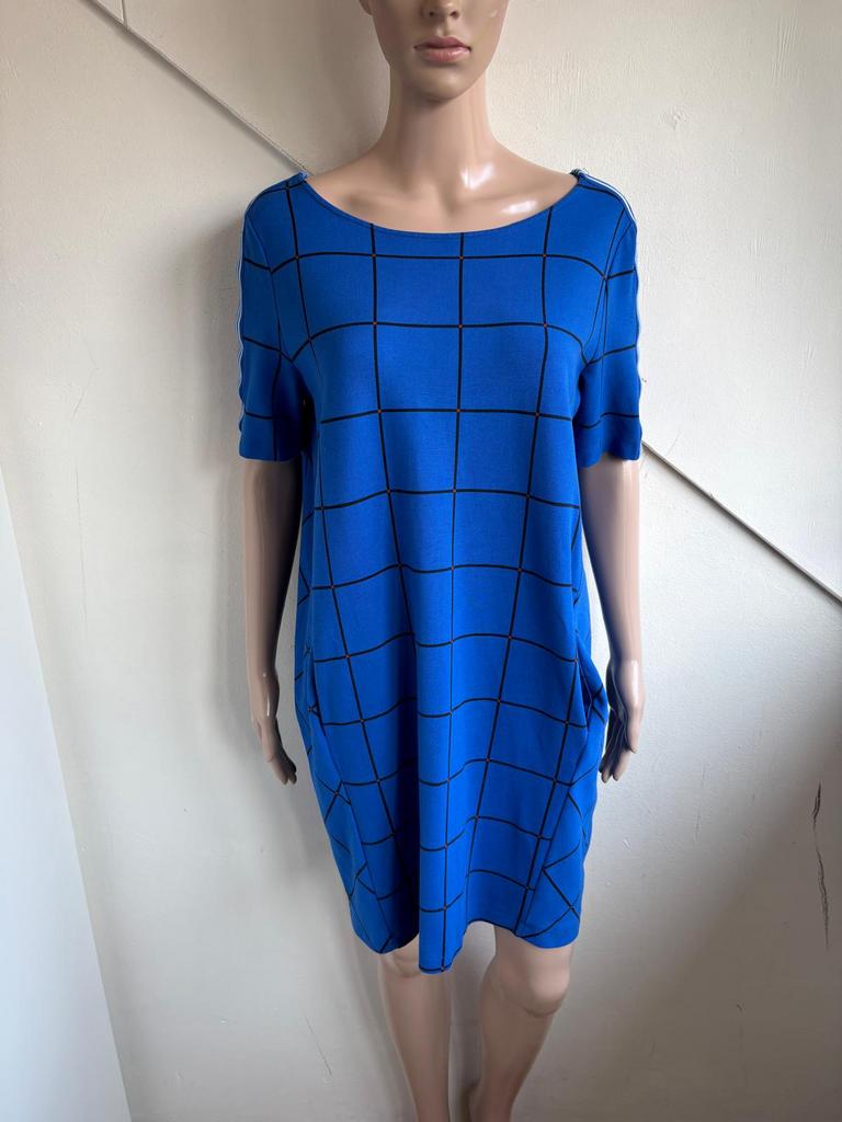 Juffrouw Jansen jurk tuniek maat L blauw zwart geblokt, Blauw, Maat 42/44 (L), Ophalen of Verzenden, Zo goed als nieuw