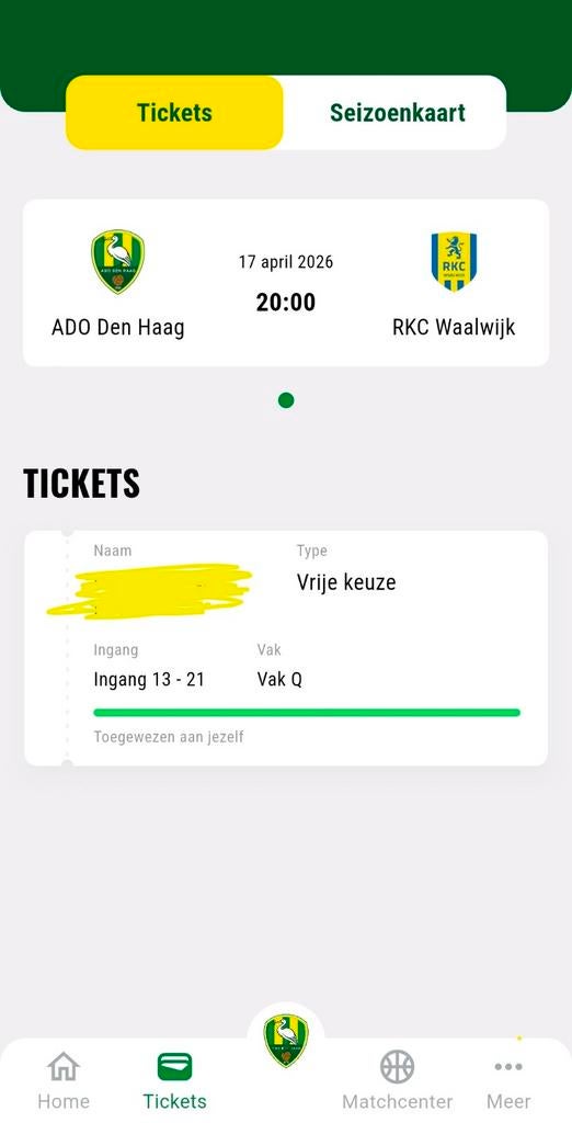 Vak Q. Ticket voor ADO Den Haag tegen RKC Waalwijk. Vak Q, Tickets en Kaartjes, Eén persoon, Overige soorten