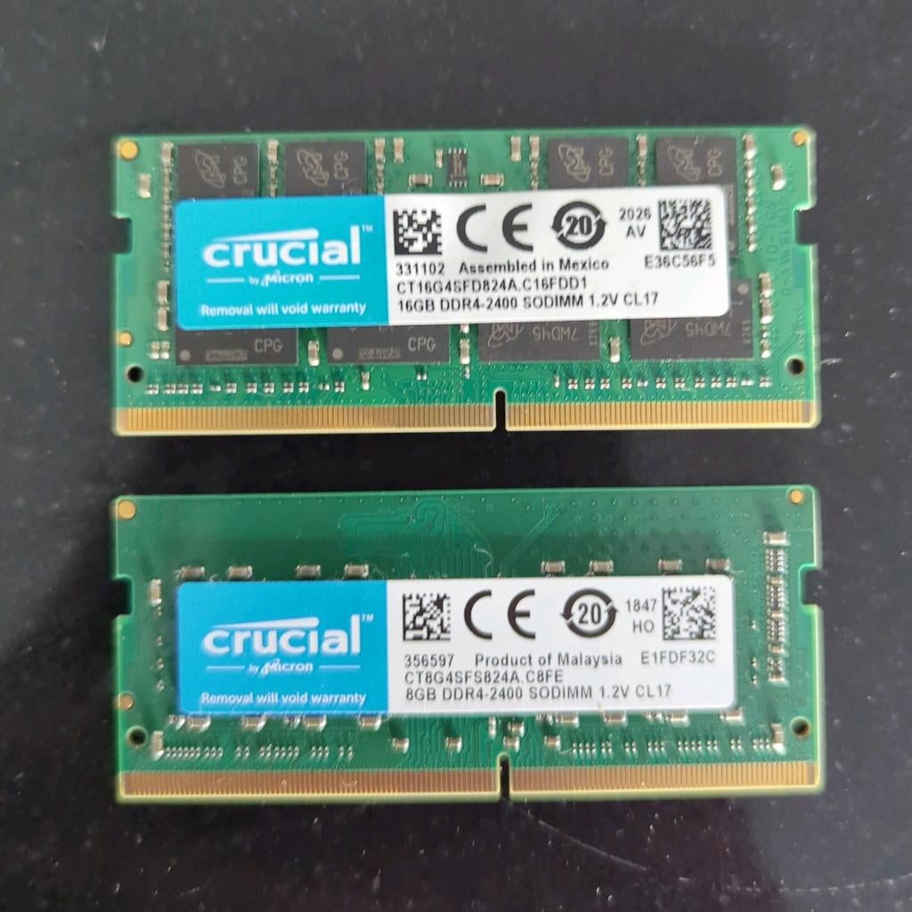 Crucial 24GB DDR4 SODIMM RAM (16GB + 8GB), Computers en Software, RAM geheugen, Gebruikt, DDR4, Ophalen of Verzenden, Laptop