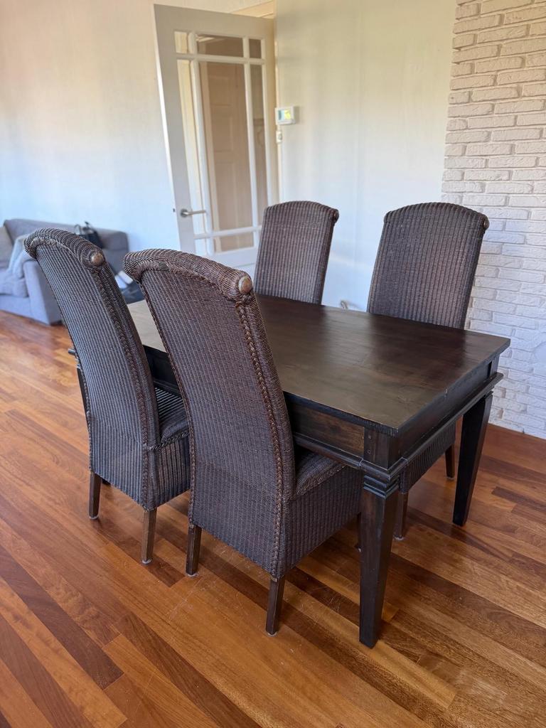 Elegante eettafel met 4 rieten stoelen - los of als set, Ophalen, Gebruikt, 4 tot 6 stoelen