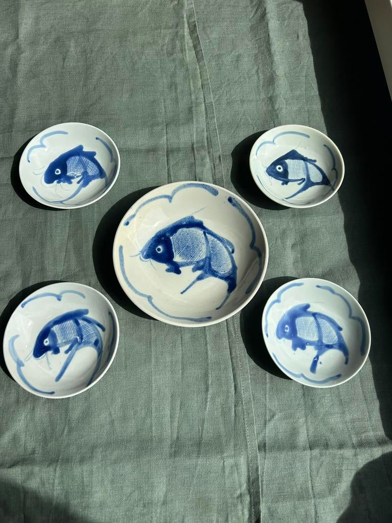 Prachtige Vintage Chinese Koi Karper Serviesset - 5-delig, Ophalen of Verzenden