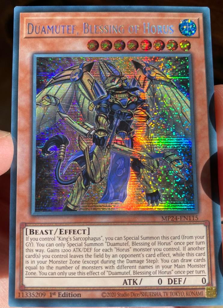 Yu-Gi-Oh! Duamutef, Blessing of Horus MP24 1st Edition !, Ophalen of Verzenden, Zo goed als nieuw, Losse kaart, Foil