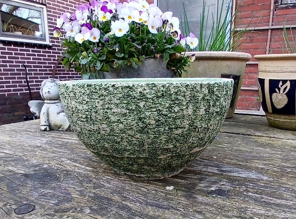 Vintage berkenbast boomschors bloempot - groentint (gaatje i, Gebruikt, Rond, Binnen, Ophalen of Verzenden