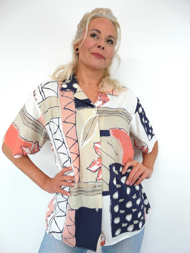 *Abfab Vintage Blouse met Print L*, Ophalen of Verzenden, Zo goed als nieuw, Maat 42/44 (L), Beige