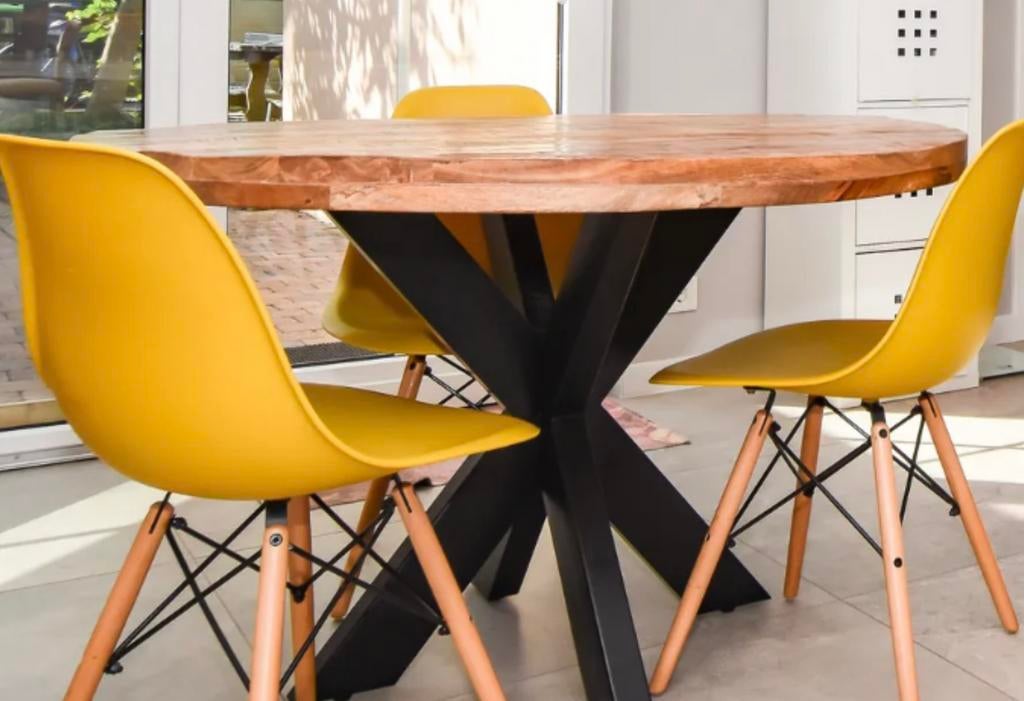 Rond eettafel mangohout, Huis en Inrichting, Tafels | Eettafels, Ophalen, 100 tot 150 cm, Rond, Zo goed als nieuw