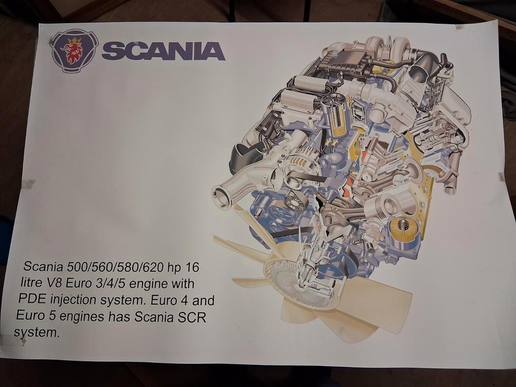Scania V8 Motor Poster - Euro 3/4/5 PDE Injectie Systeem, Ophalen of Verzenden, Gebruikt