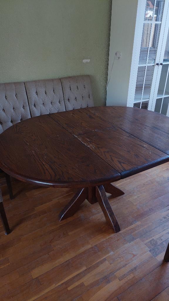 Uitschuifbare salontafel eiken rond / ovaal, Huis en Inrichting, Tafels | Eettafels, Ophalen, Gebruikt, 100 tot 150 cm, Eikenhout