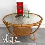 Vintage, bohemien rotan tafel rond, gewolkt glas salontafel, Ophalen, Gebruikt, 50 tot 100 cm, -