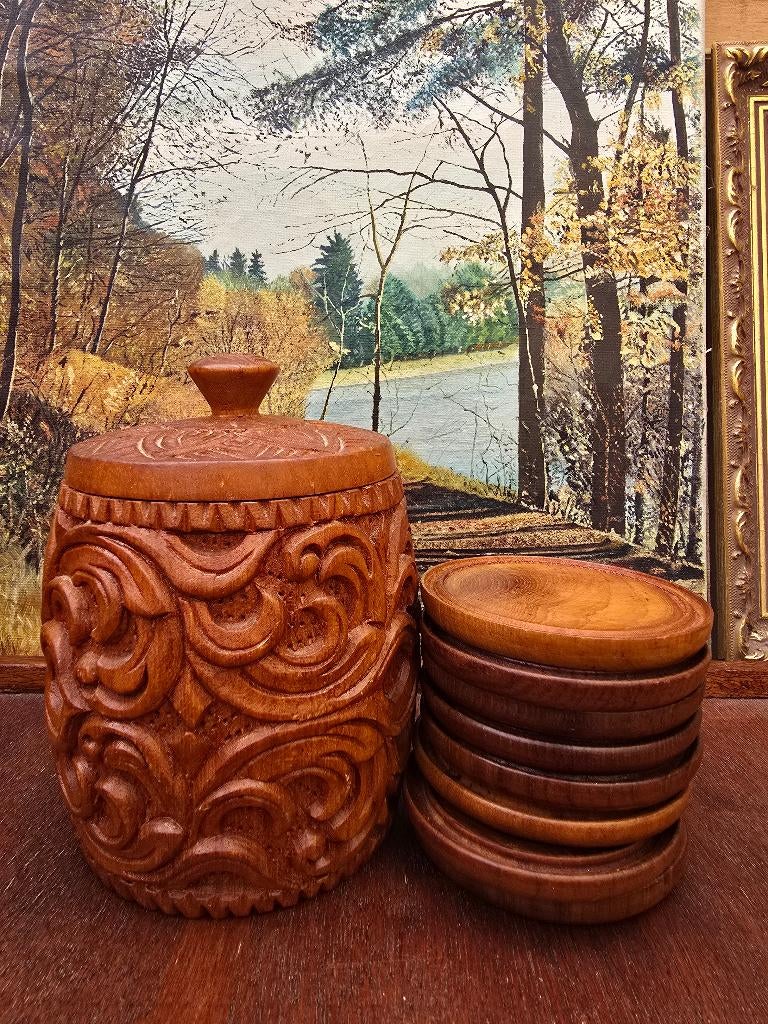 Vintage houten pot met 8 onderzetters, Xx, Ophalen of Verzenden, Xx, Overig