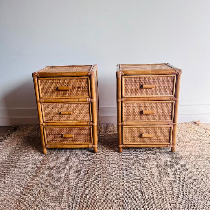 2 rotan bamvoe nachtkastjes vintage jaren 70, Huis en Inrichting, Slaapkamer | Nachtkastjes, Zo goed als nieuw, Minder dan 45 cm