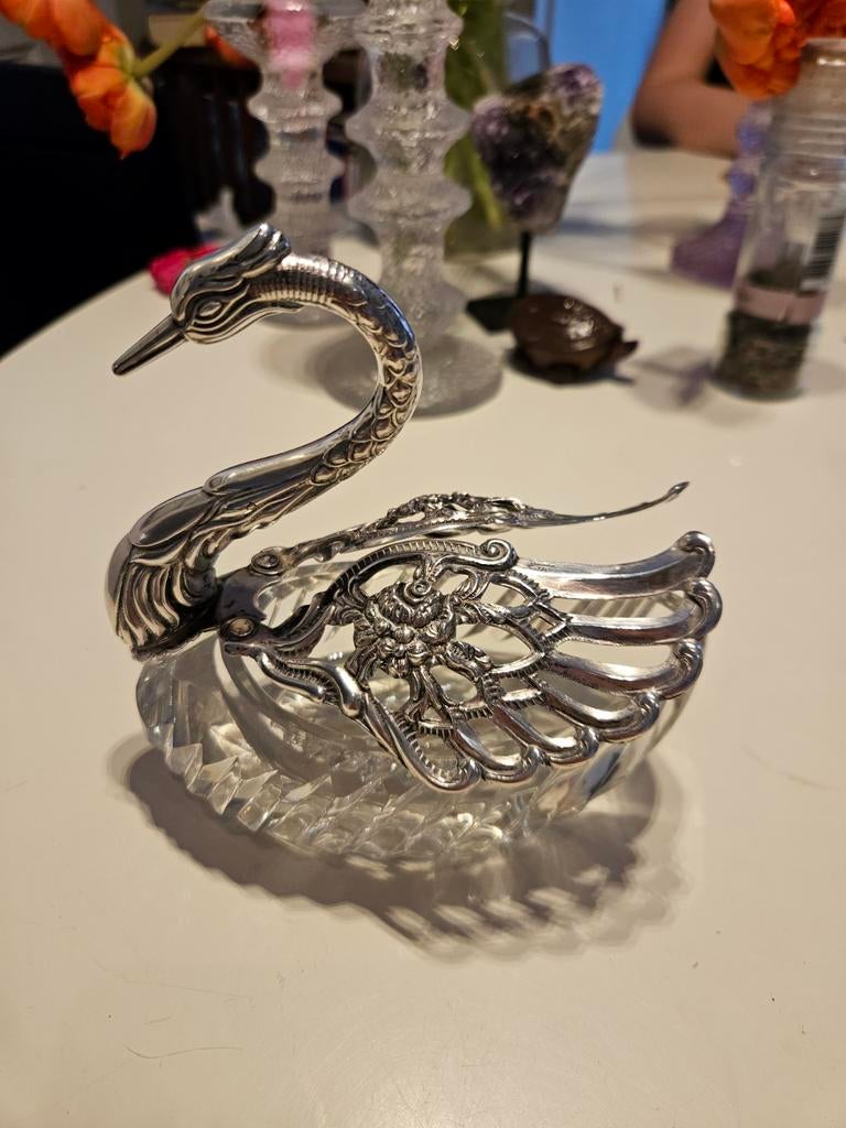 Zwaan suikerpotje van zilver en kristalglas, Antiek en Kunst, Antiek | Goud en Zilver, Ophalen of Verzenden, Zilver