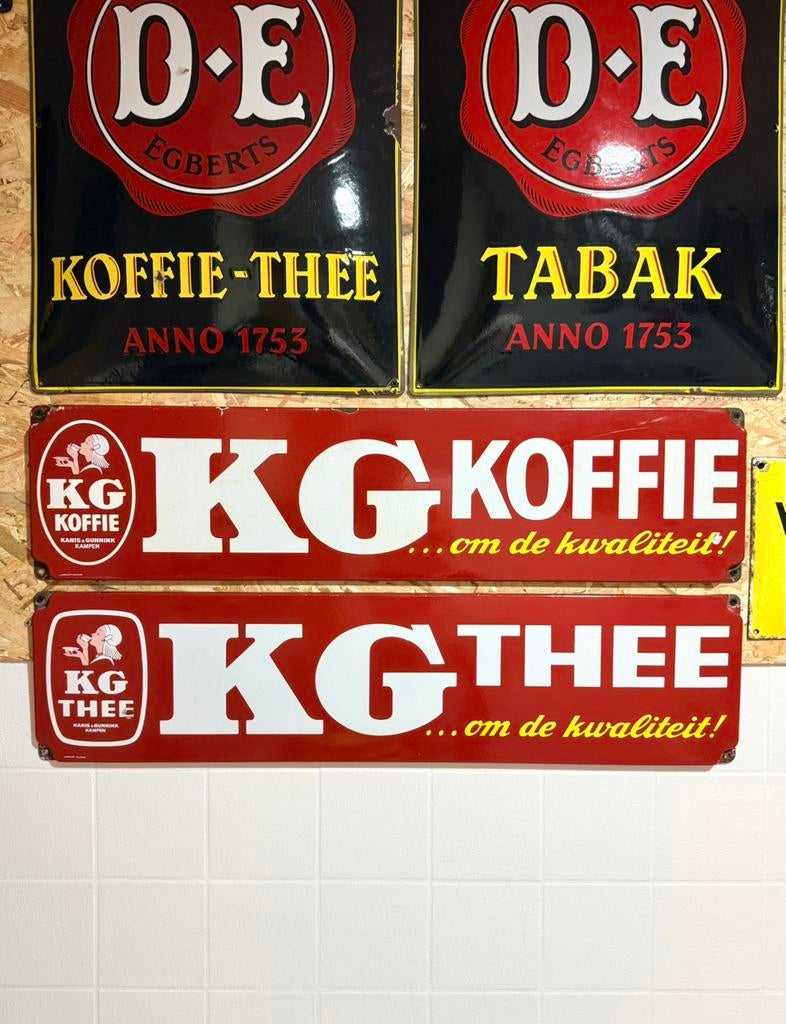 Setje emaille reclameborden KG koffie en thee Langcat Bussum, Ophalen of Verzenden, Zo goed als nieuw, Reclamebord