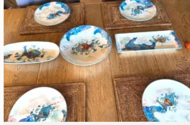 7 delig vis servies 4 borden 3 schalen OPHALEN chcs, Ophalen of Verzenden, Zo goed als nieuw, Overige stijlen, Overige typen