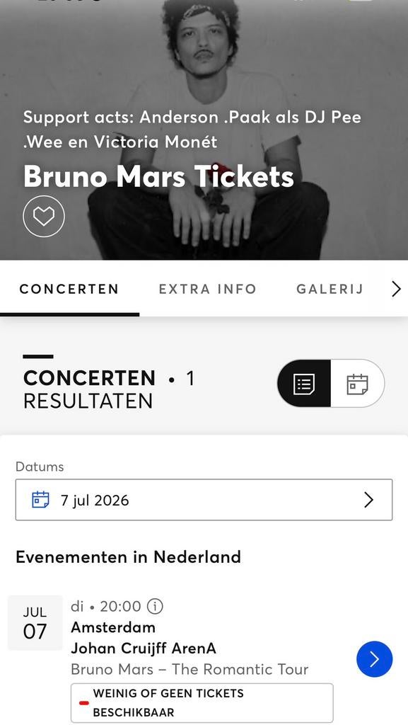 Bruno Mars 7 Juli - 1x Zitplaats - Vak 428 Rij 20, Tickets en Kaartjes, Eén persoon