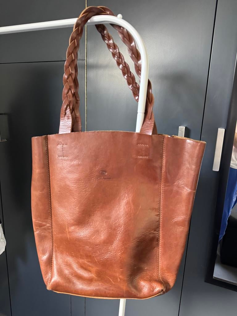 Fred de La Bretoniere Leren Tas Cognac met Gevlochten Handva, Ophalen of Verzenden, Zo goed als nieuw, Bruin, Overige typen