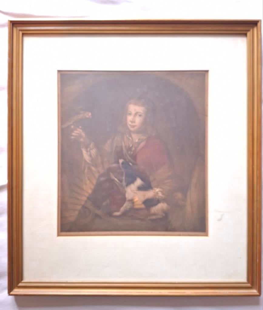 Ingelijste prent van een kind met hond en vogel 50x45, Ophalen