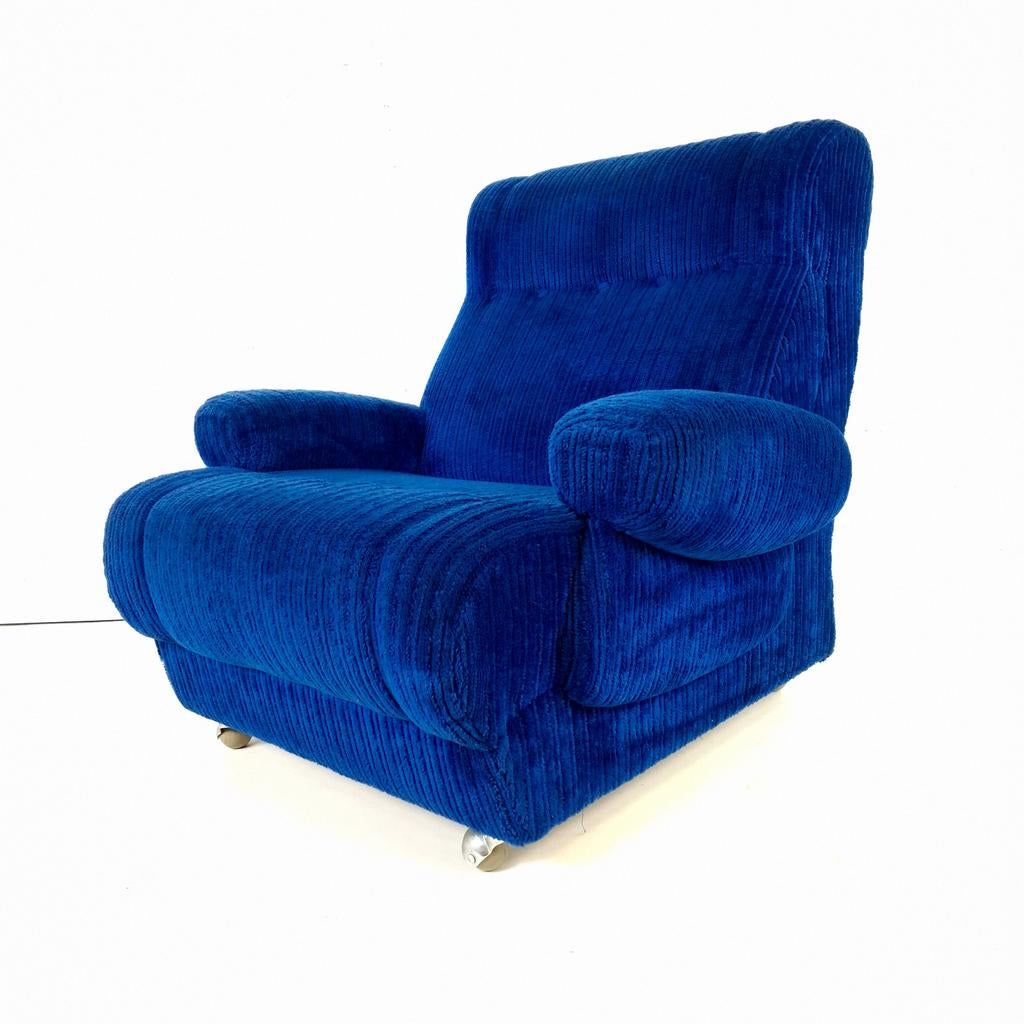 1x Vintage fauteuil op wielen chroom blauwe corduroy stof, Ophalen, Gebruikt, 75 tot 100 cm, X