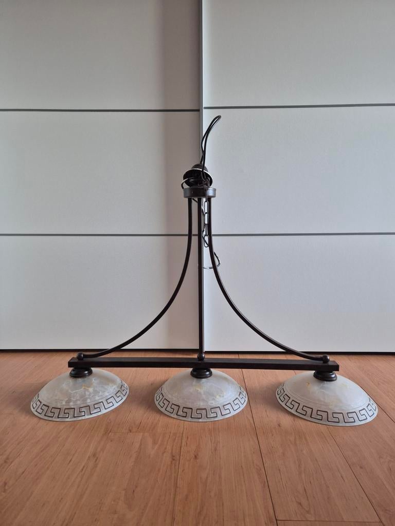 Elegante hanglamp met 3 glazen kappen, Huis en Inrichting, Lampen | Hanglampen, Ophalen, Gebruikt, Glas, 75 cm of meer