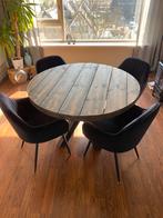 Grijze ronde houten tafel met 4 zwarte stoelen, Ophalen, Gebruikt, 100 tot 150 cm, Rond