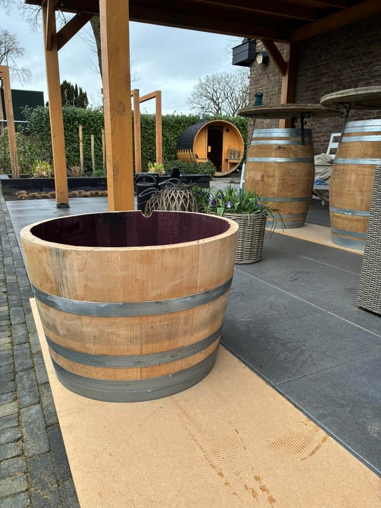 Houten wijnvaten bloembak/plantenbak, Gebruikt, Rond, Ophalen of Verzenden, Hout