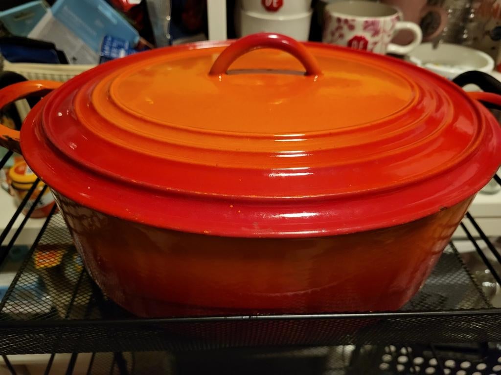 Le creuset pan groot rood, Huis en Inrichting, Keuken | Potten en Pannen, Ophalen, Gietijzer, Koekenpan of Braadpan