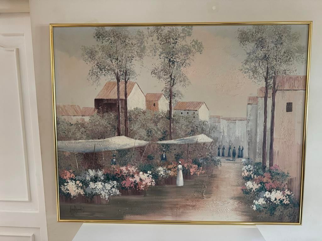 Schilderij bloemenmarkt gesigneerd Lee Reynolds, Antiek en Kunst, Kunst | Schilderijen | Klassiek, Ophalen