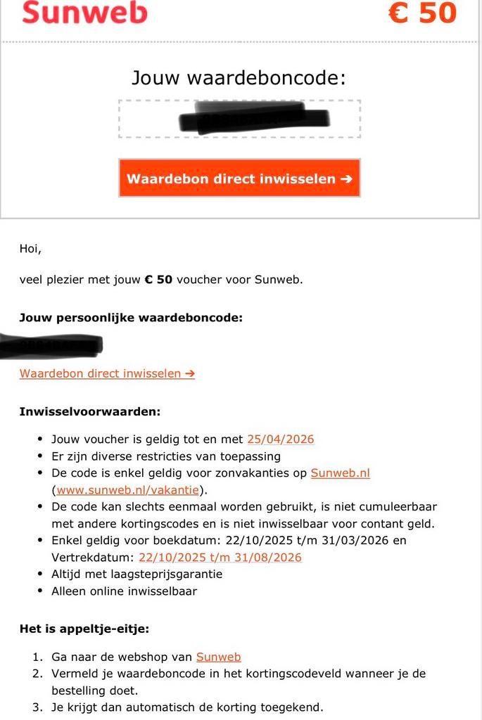Sunweb korting 50 euro, Eén persoon, Kortingsbon