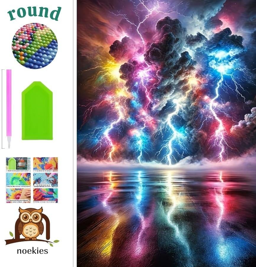 nr 282 Diamond Painting gekleurde bliksem 40x30cm (rond), Verzenden, Noekies.com, Overige thema's, Nieuw