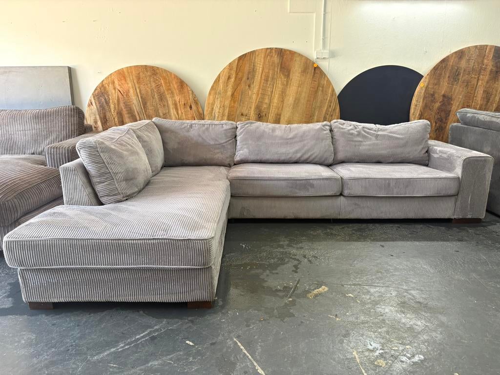 Lichtgrijze Ribstof Hoekbank, Ophalen of Verzenden, Zo goed als nieuw, 150 cm of meer, Vierpersoons of meer