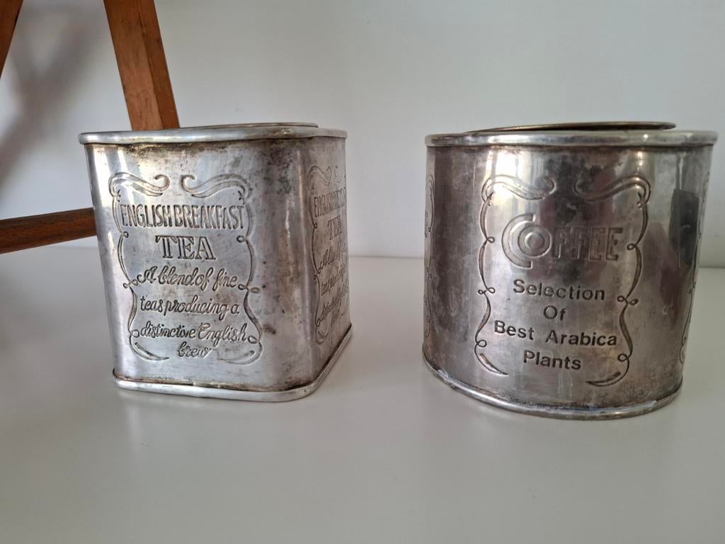 Antieke verzilverde messing koffie- en theebus, Ophalen of Verzenden