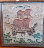 Cloisonne tegels scheepjes .Porceleyne fles. 11.5x11.5 cm., Ophalen of Verzenden