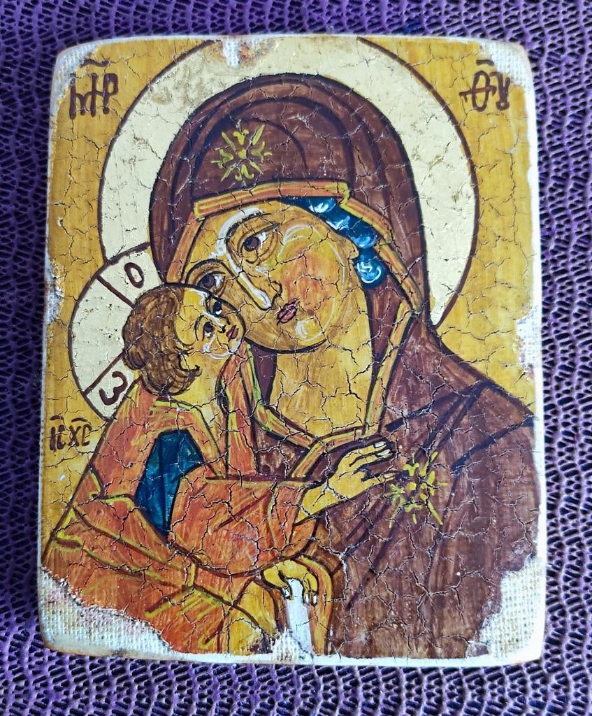 Vintage Orthodox Icoon Maria met Kind - Handgeschilderd, Ophalen of Verzenden