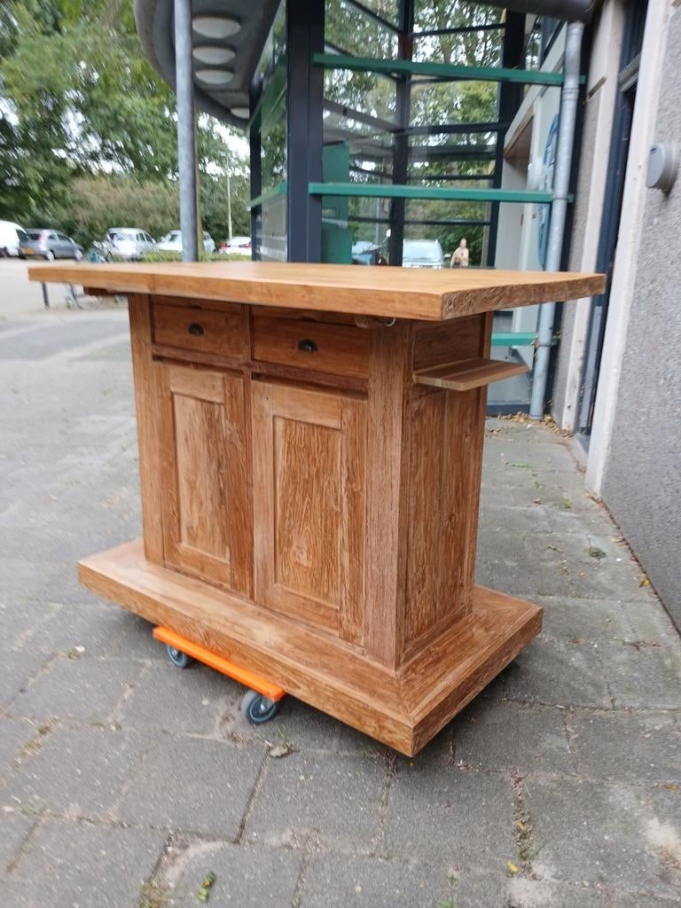 Teakhouten bar met wijnflessenrek en lades, Huis en Inrichting, Barren, Ophalen, Zo goed als nieuw