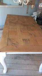 Eetkamertafel met teak ingelegd blad, Ophalen, Zo goed als nieuw, Rechthoekig, 50 tot 100 cm