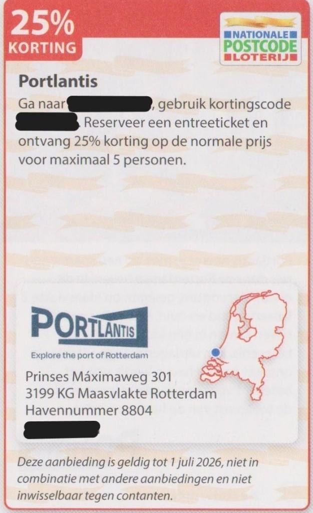Portlantis. Rotterdam. 25% korting p.p. Postcodeloterij bon., Drie personen of meer, Kortingsbon