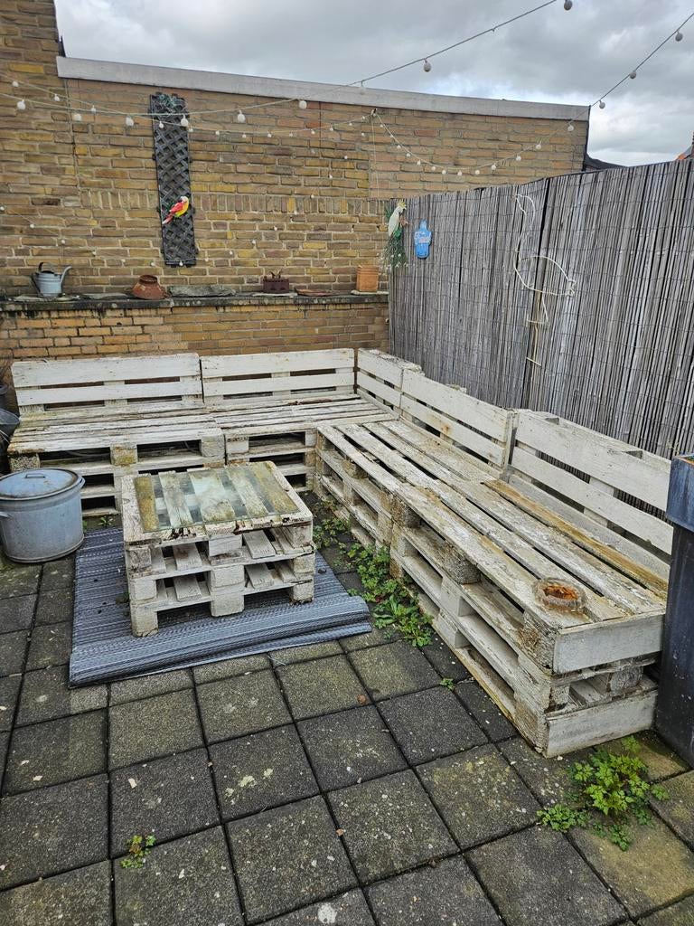 Pallet Loungeset met Salontafel - DIY Tuinmeubelen, Ophalen, Gebruikt, Loungeset, Hout